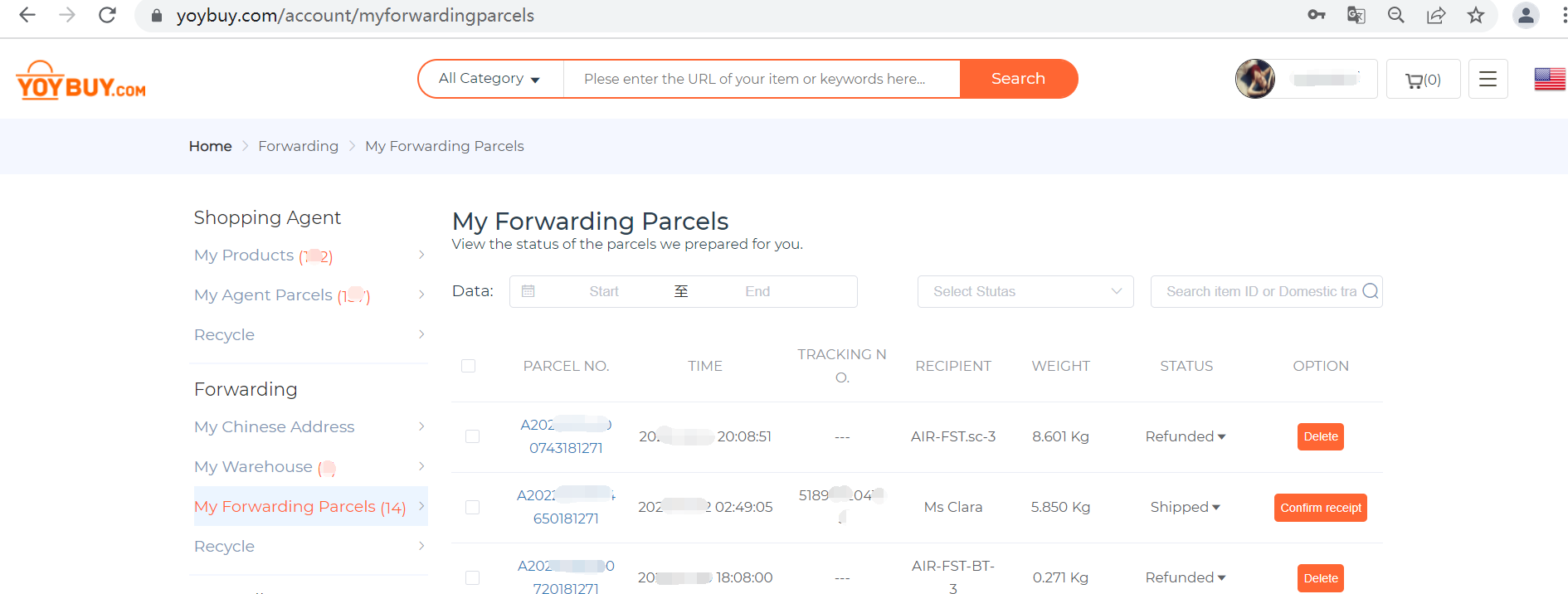 My forwarding parcels