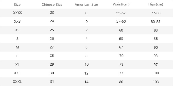 Reference Size Chart for Women’s Pants